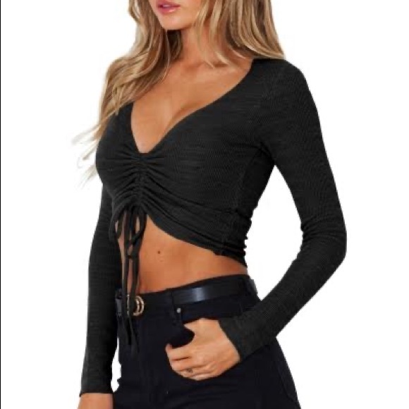 Black cinched v neck long sleeve top - Picture 3 of 6